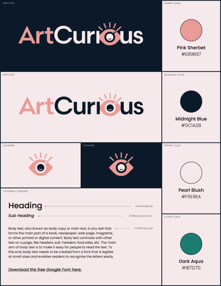  A branding one-sheet for ArtCurious, highlighting logo usage, color palette, and typography for consistent brand representation.