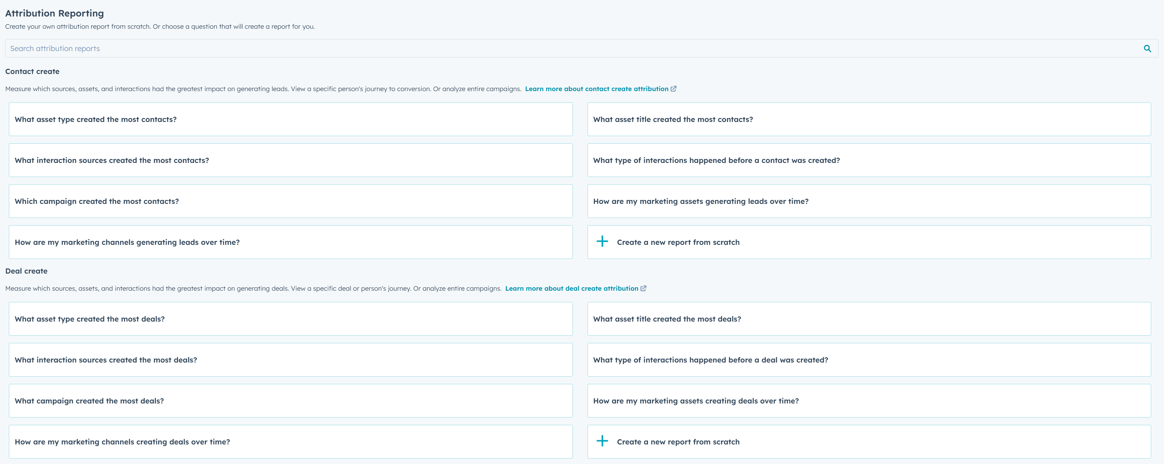 HubSpot detailed view of attribution reporting options for analyzing marketing channels and deals.