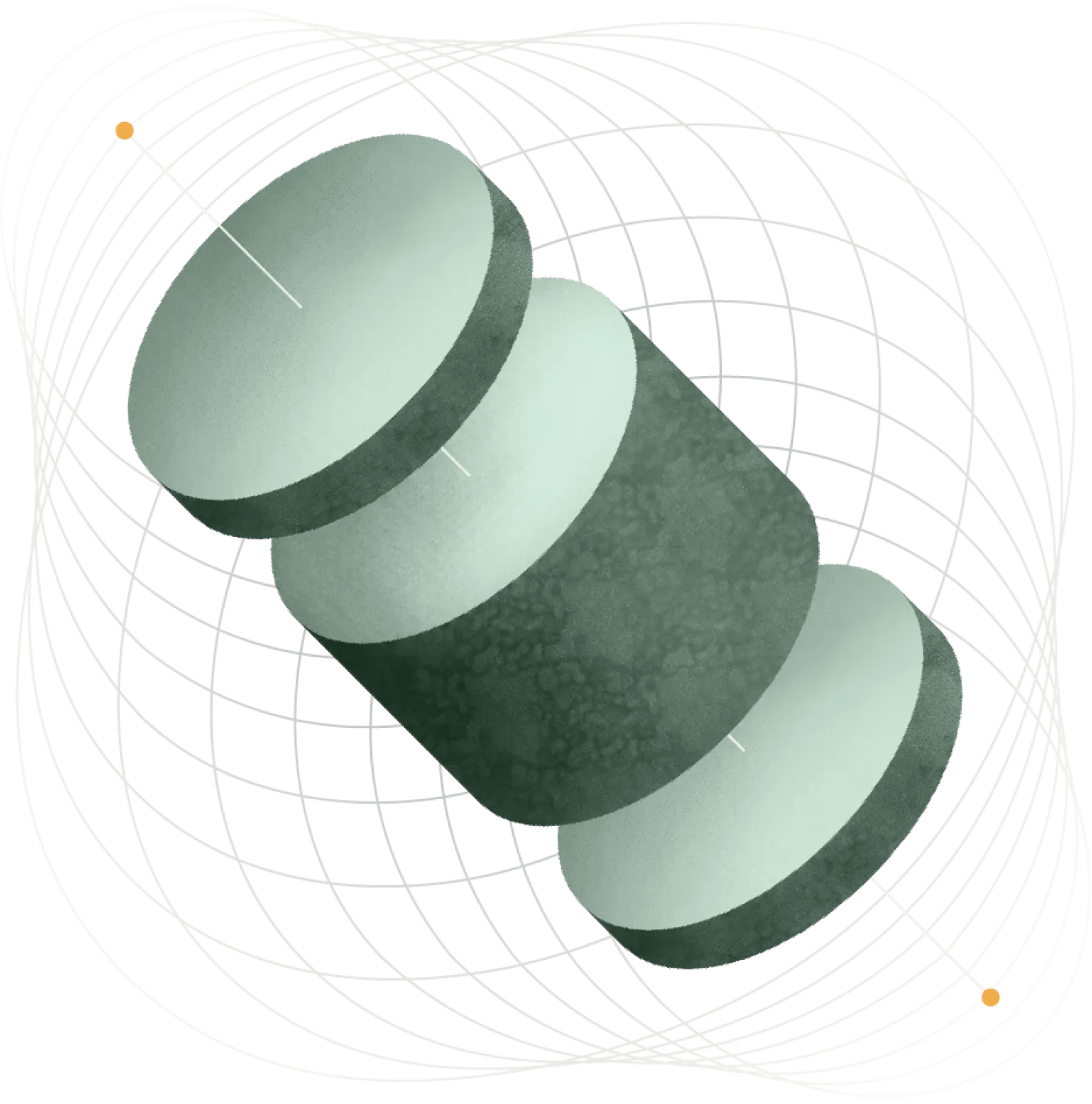 Abstract green and stone illustration of stacked geometric forms balanced on an axis, symbolizing the alignment of fit, model, and outcomes when choosing a HubSpot implementation partner.