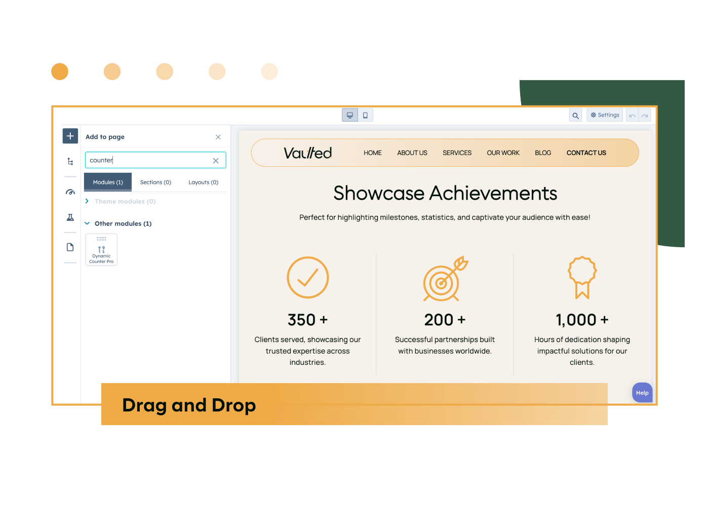 Easy drag and drop dynamic counter additions to your website page