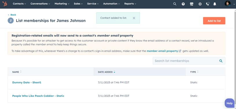 "A screenshot of the 'List Membership' view for a single contact in HubSpot. The image displays the various lists that the contact is a part of, highlighting the contact's engagement and interaction within different segments of the platform.