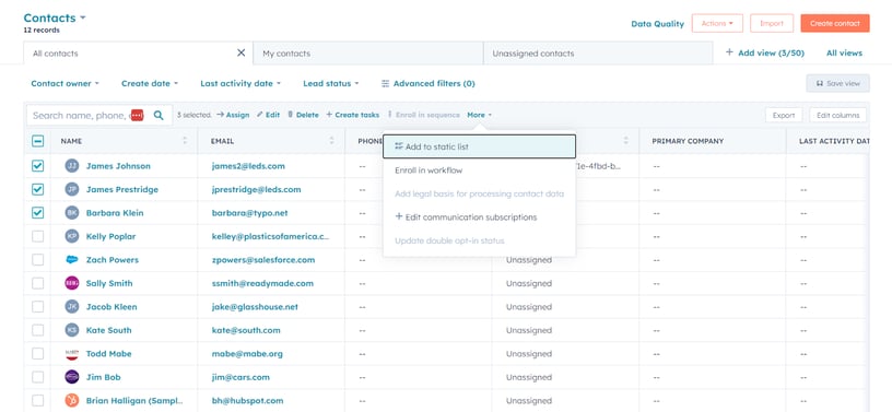 A comprehensive screenshot of the 'Index View' within the Contacts section of the HubSpot interface. The image displays a list of contacts with checkboxes next to each name, indicating the option to select multiple contacts. This feature is used to add selected contacts to a static list, a key functionality in HubSpot's contact management system