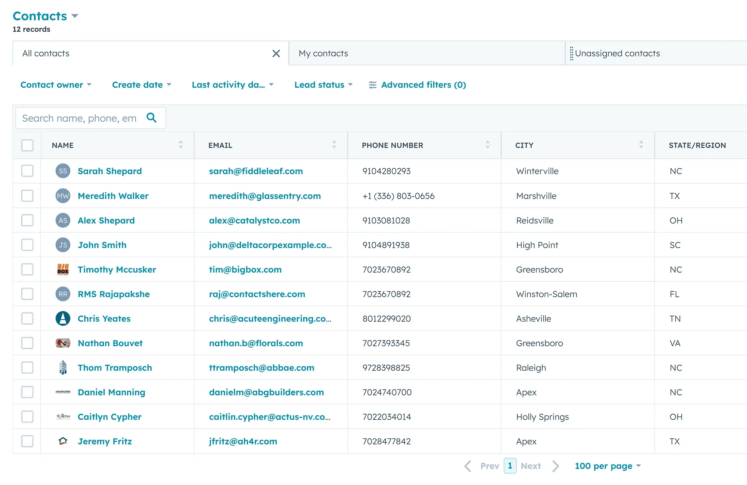 A HubSpot contact list view, often the starting point for tackling duplicate contacts and keeping customer data organized and accurate.