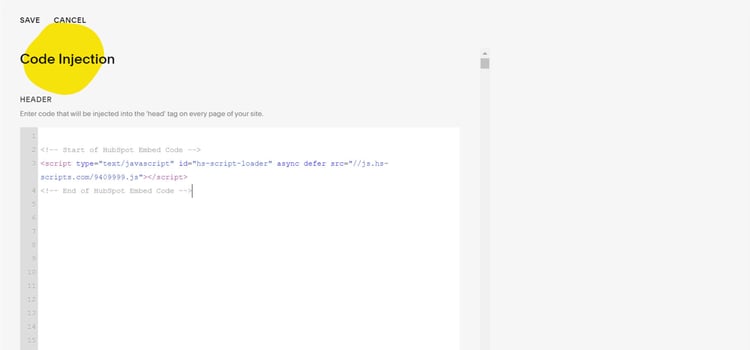 Squarespace site's code injection interface screenshot showing the Code Injection section with a text field for custom code insertion.