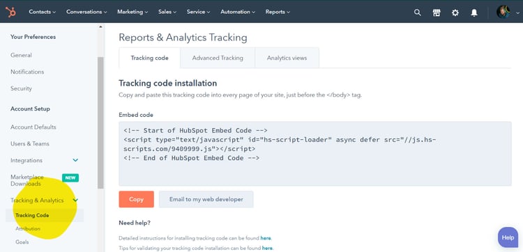 Screenshot image showing the process of accessing the HubSpot tracking code. The image highlights the cog wheel icon at the top right corner of the HubSpot dashboard, leading to the 'Analytics and Tracking' option where the tracking code can be found and copied.