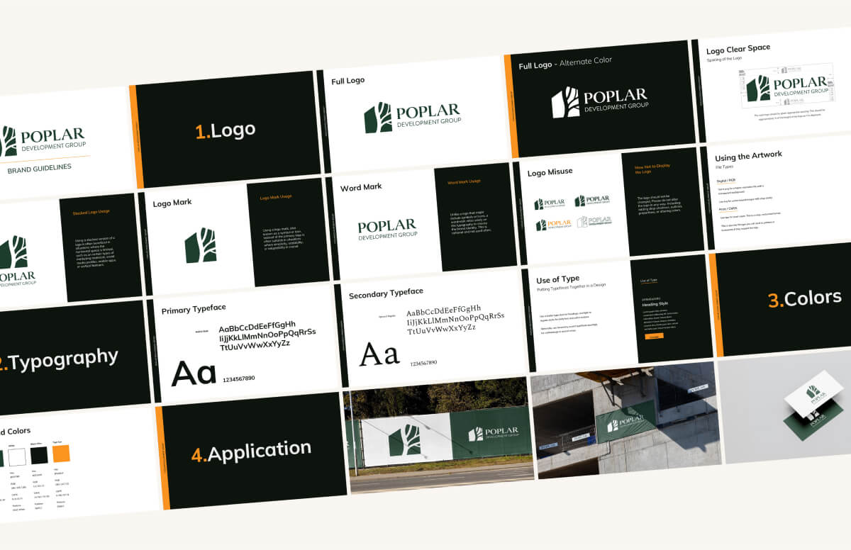 A comprehensive brand guidelines document for Poplar Development Group, detailing logo usage, typography, and color schemes to maintain brand consistency.