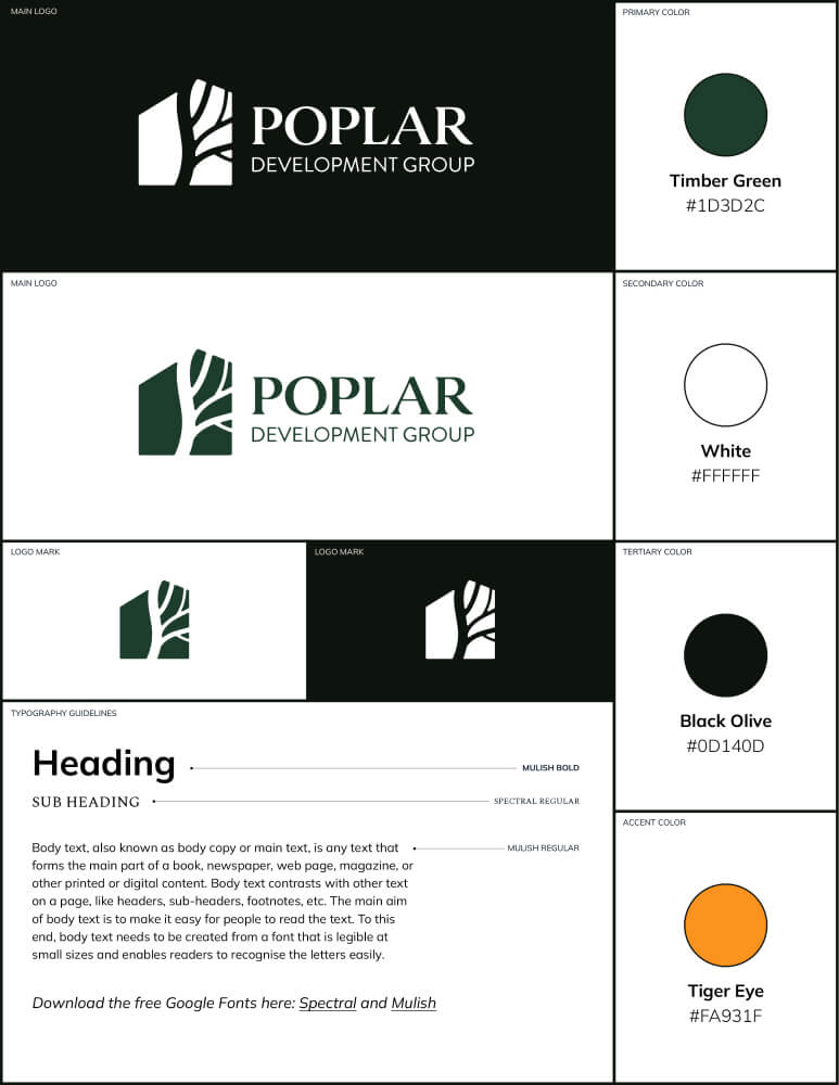 A branding one-sheet for Poplar Development Group, featuring logo usage, color palette, and typography guidelines to ensure brand consistency.