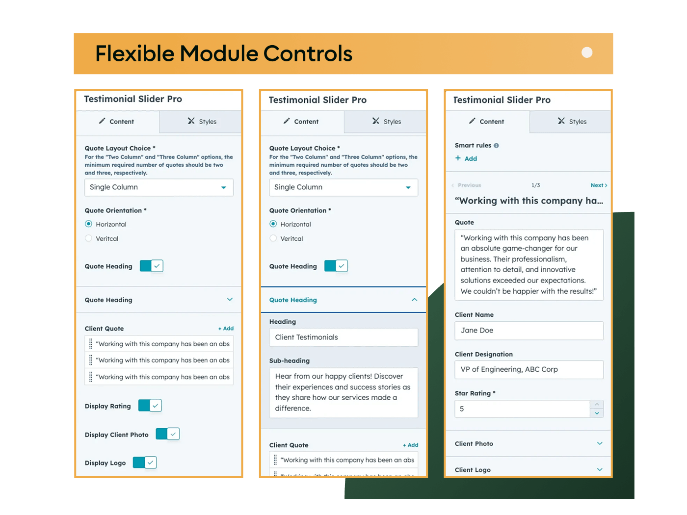 Screenshots showing different customizations options for Testimonials Slider Pro Screenshots showing different customizations options for Testimonials Slider Pro