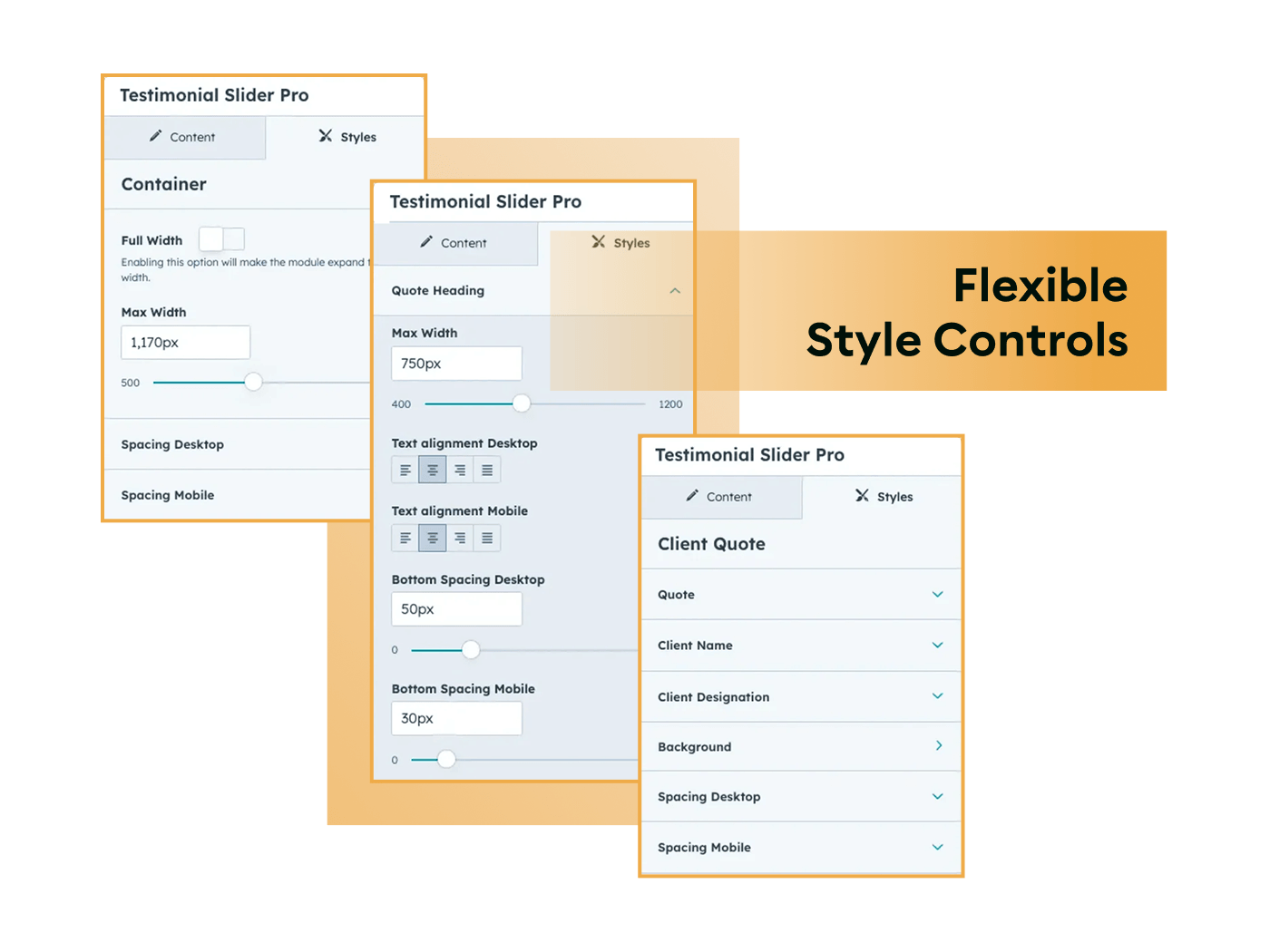 Screenshots show flexible style controls for the Testimonial Slider Pro Screenshots show flexible style controls for the Testimonial Slider Pro