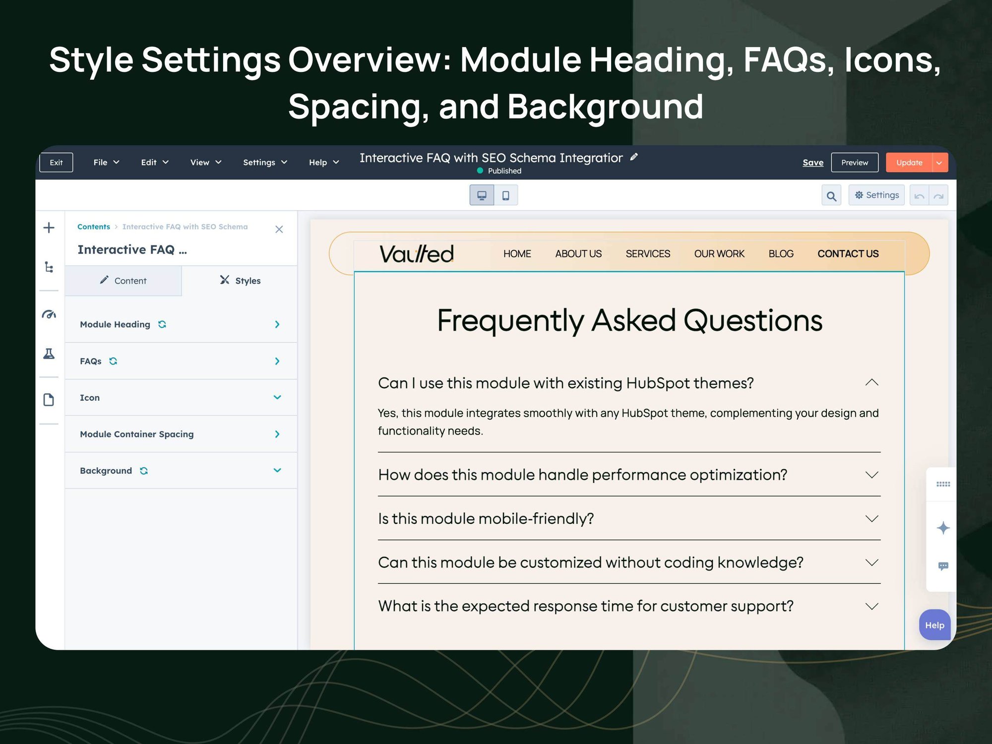 Style-Settings-Overview-Module-Heading-FAQs-Icons-Spacing-and-Background