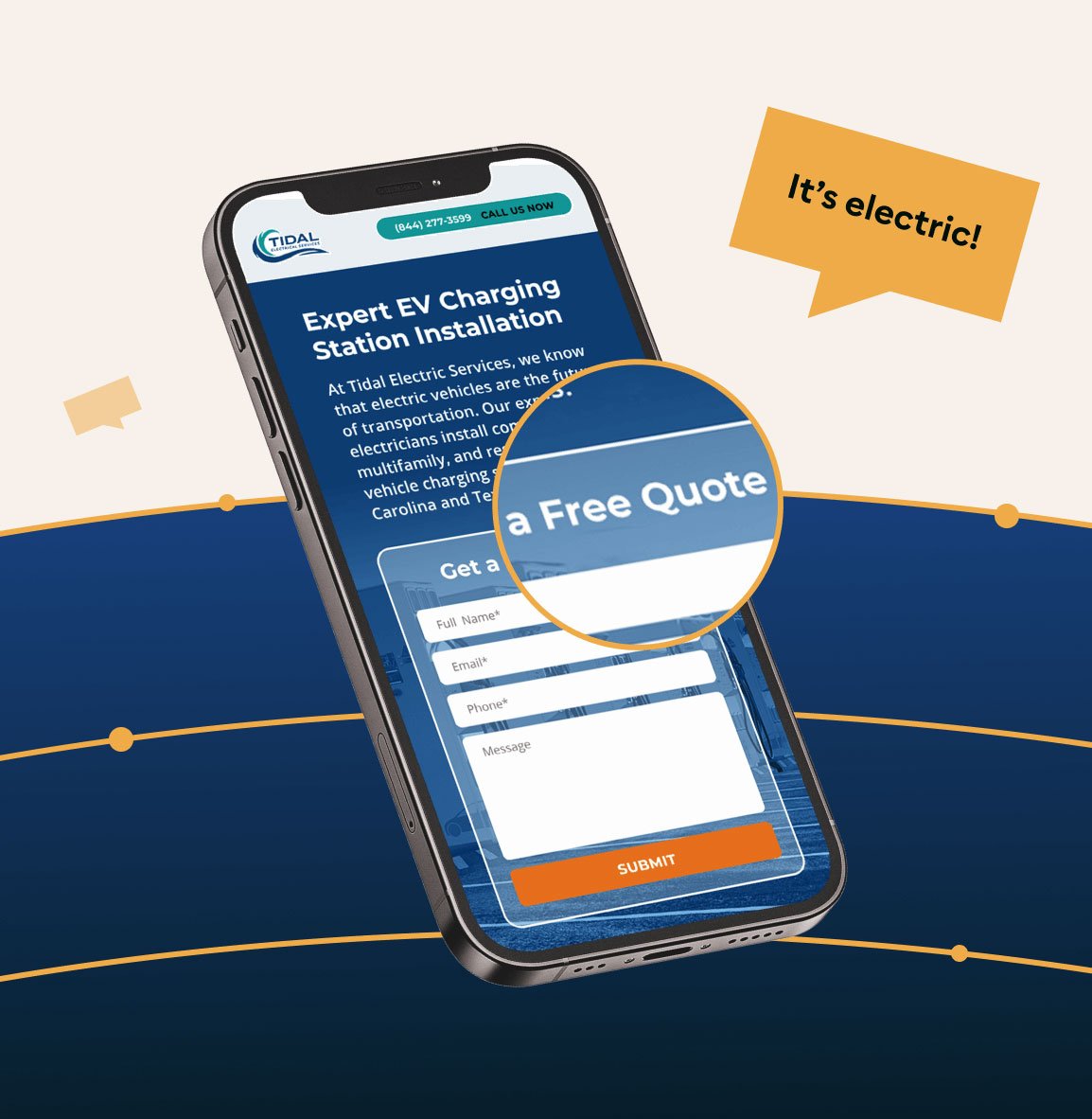 Tidal Electrical Services EV charging station landing page displayed on a mobile phone, showing a lead generation form built by Vaulted