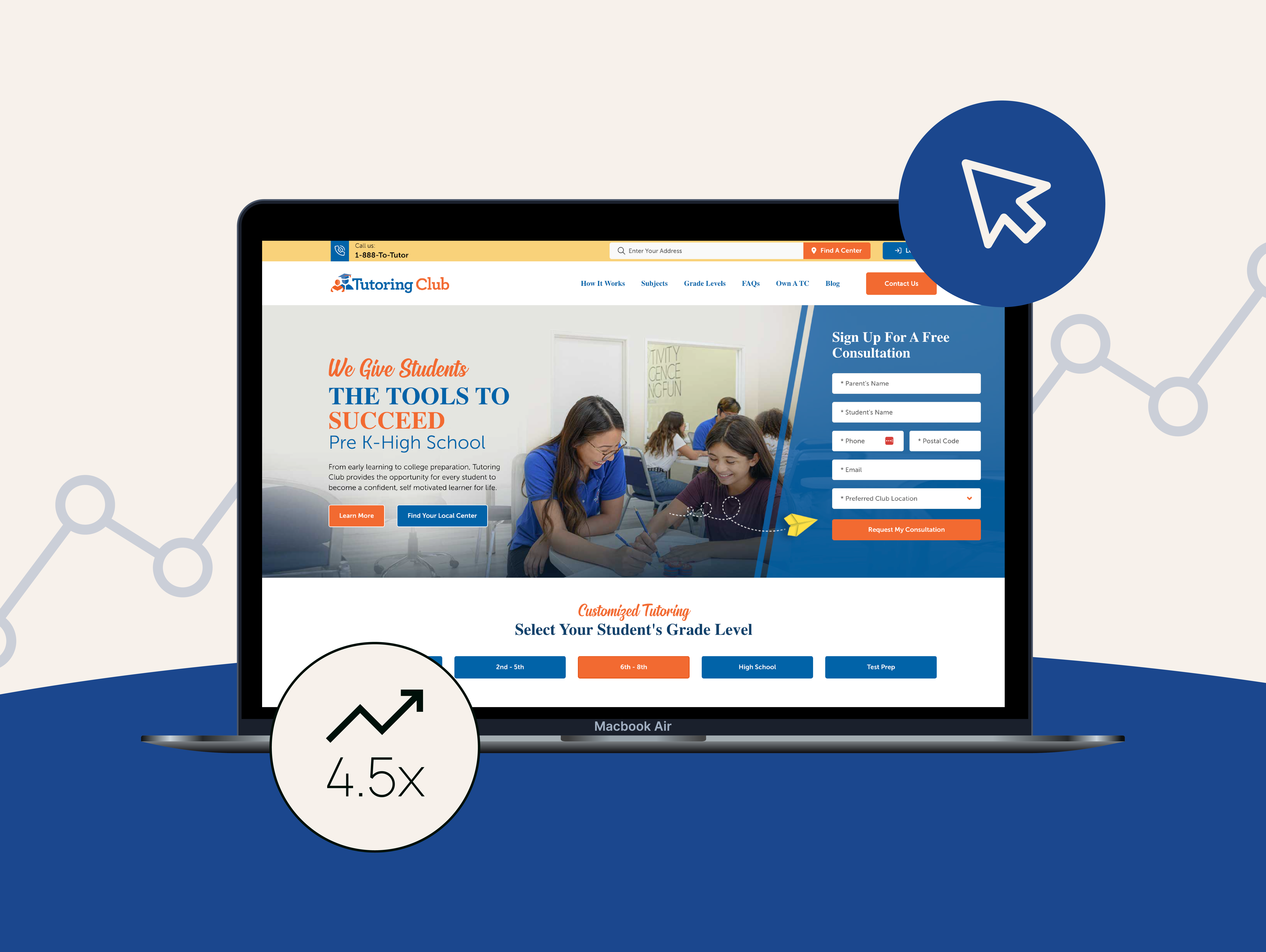 Laptop mock‑up showing the Tutoring Club website, overlaid with a cursor icon and “4.5×” upward‑trend graphic, highlighting the 4.5‑times conversion‑rate boost achieved through Vaulted’s data‑driven digital marketing campaign.