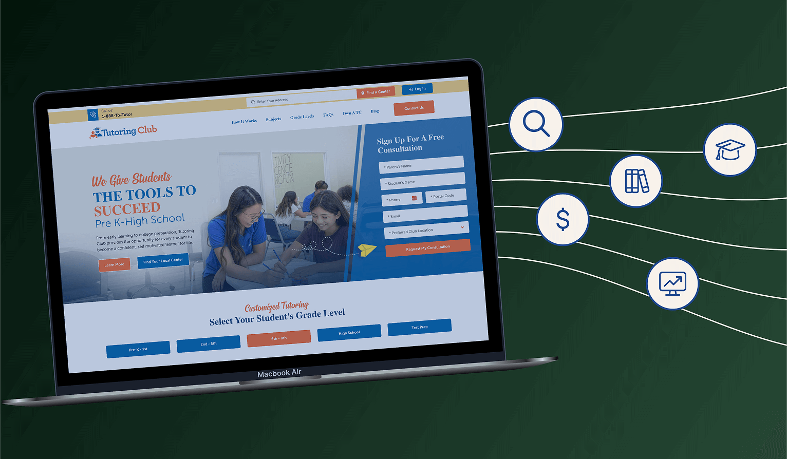 Tutoring Club's landing page on a laptop device showing continued growth