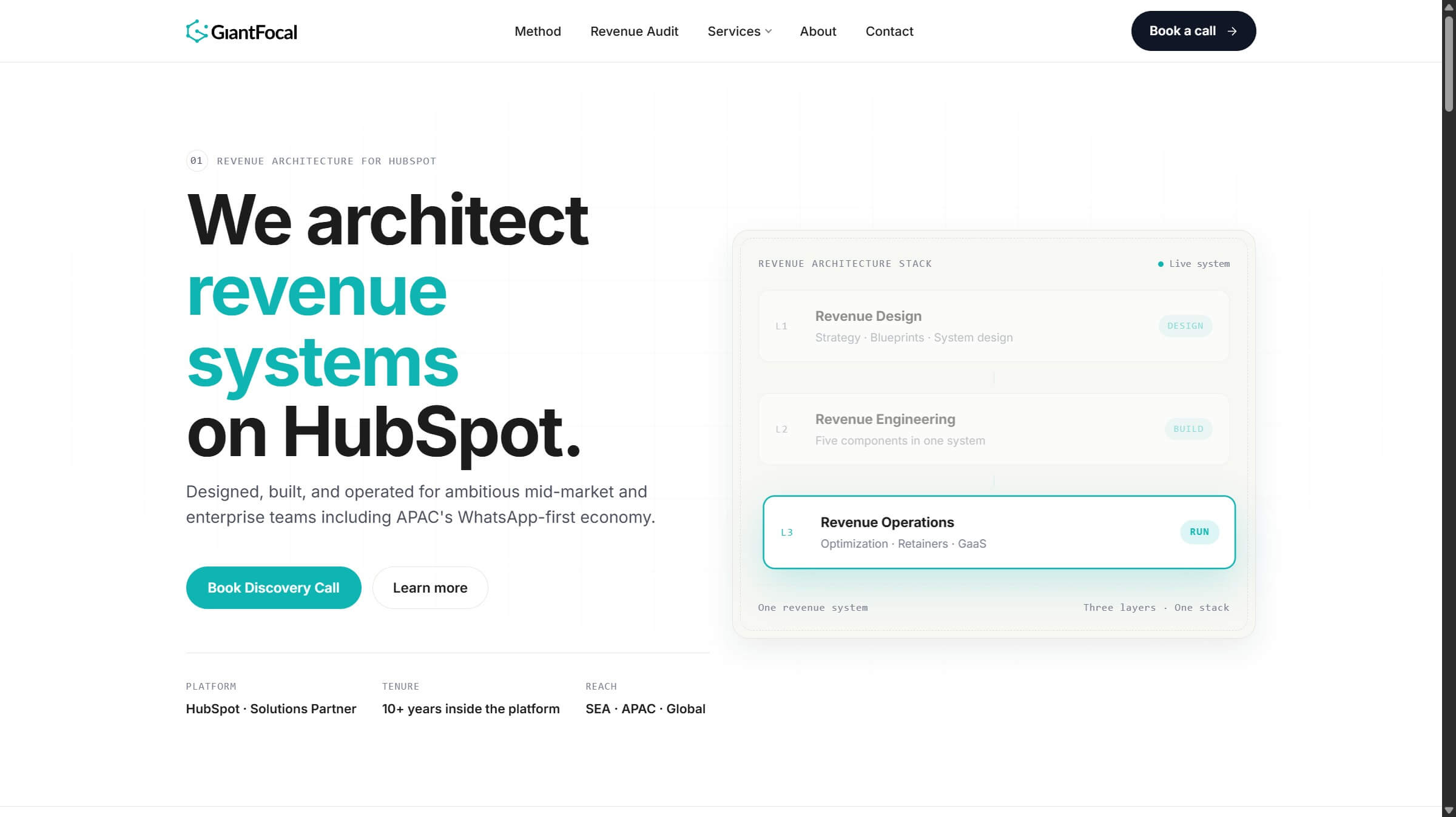 Screenshot of the GiantFocal homepage with the headline 'We architect revenue systems on HubSpot' — HubSpot Solutions Partner serving SEA, APAC, and global teams