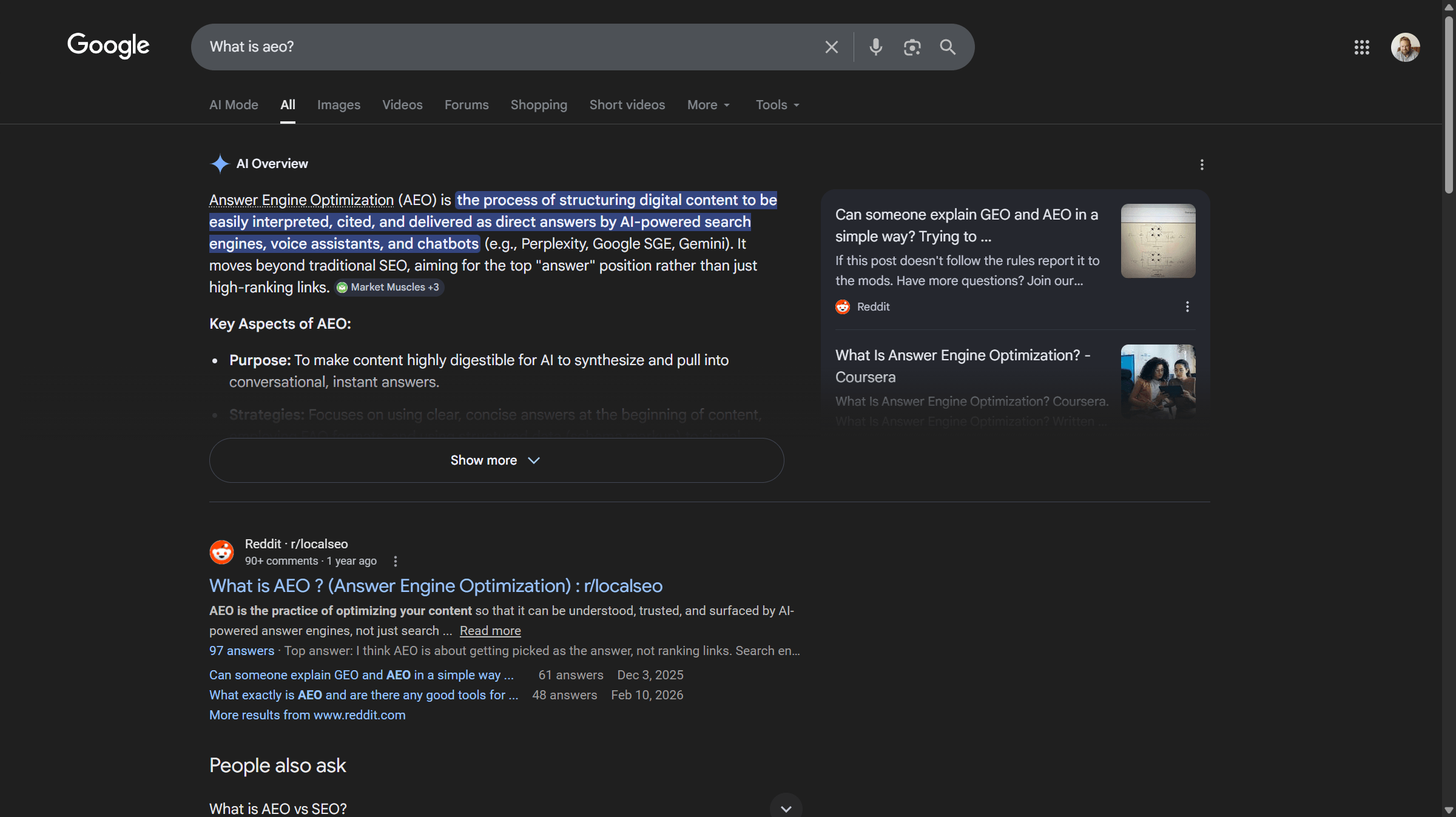 Google search results for 'What is AEO' showing an AI Overview that defines answer engine optimization above traditional organic search results