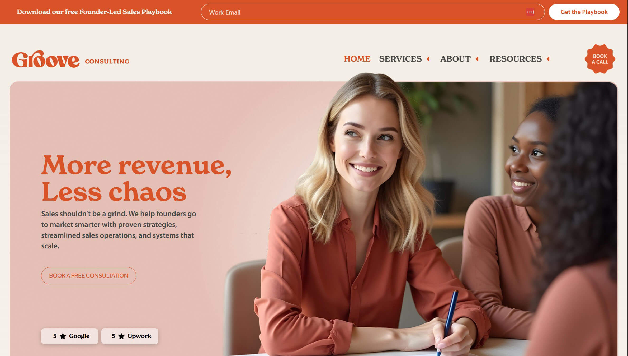 Screenshot of the Groove Consulting homepage with the headline 'More revenue, less chaos' — sales operations consultancy for founder-led teams.