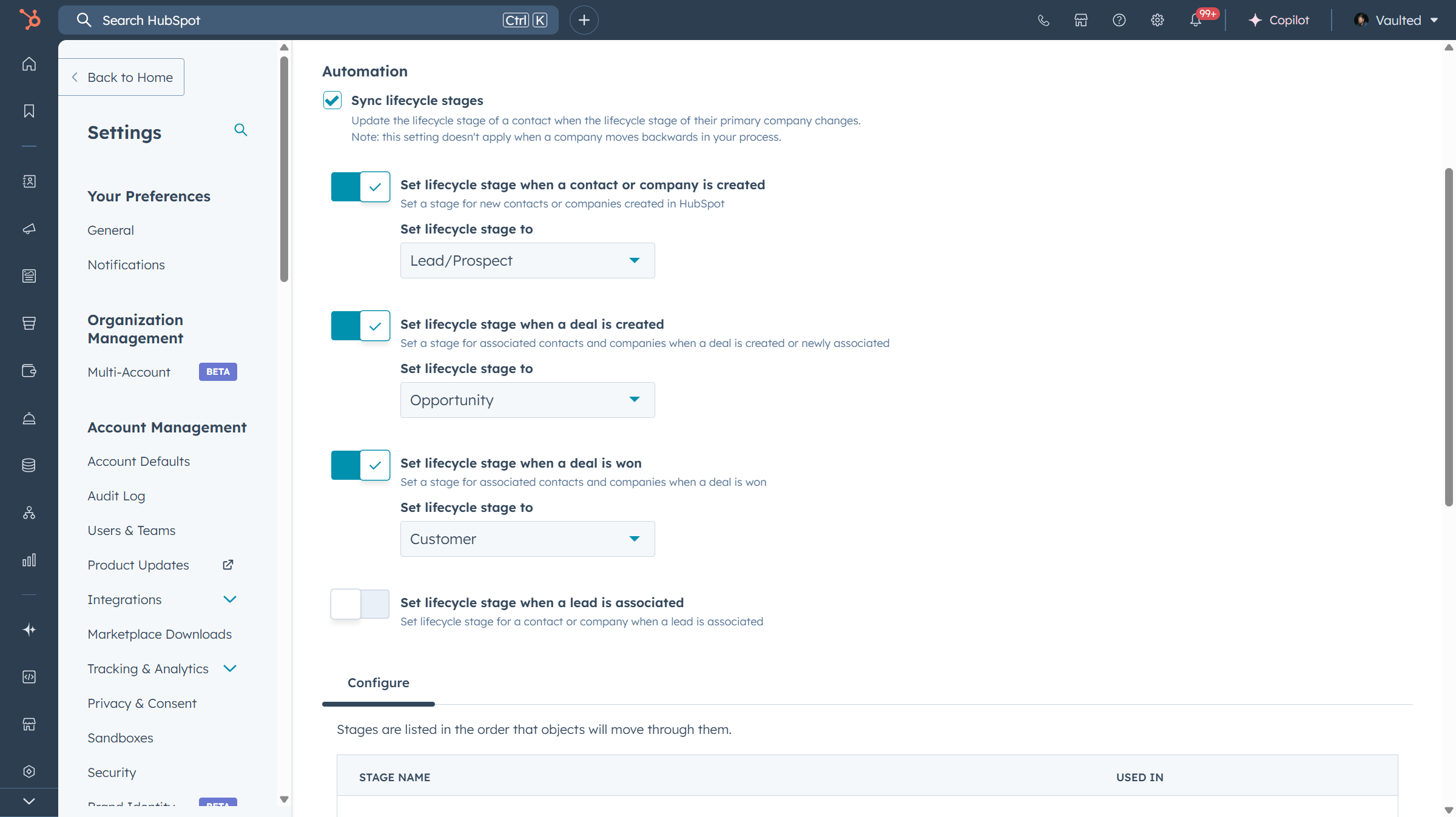HubSpot lifecycle stage automation settings, showing automatic transitions for new contacts, deals created, and deals won.