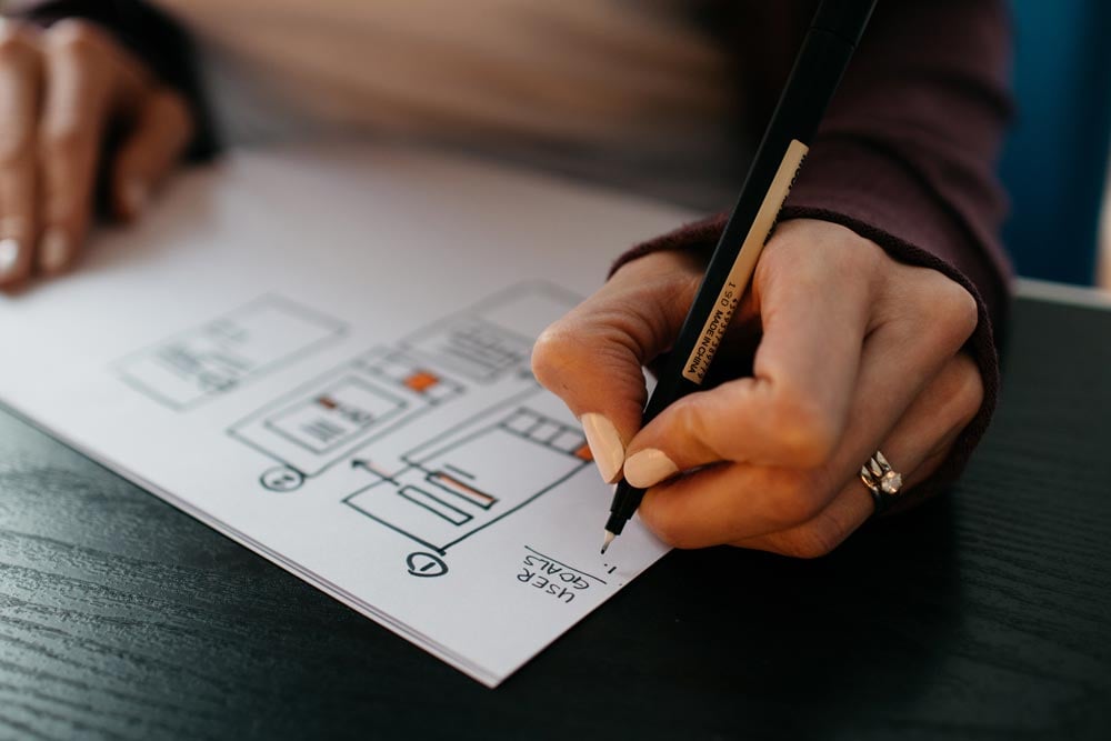 Close-up of a hand sketching a website wireframe with “User Goals” noted, illustrating the planning process for consistently delivering quality in website design.