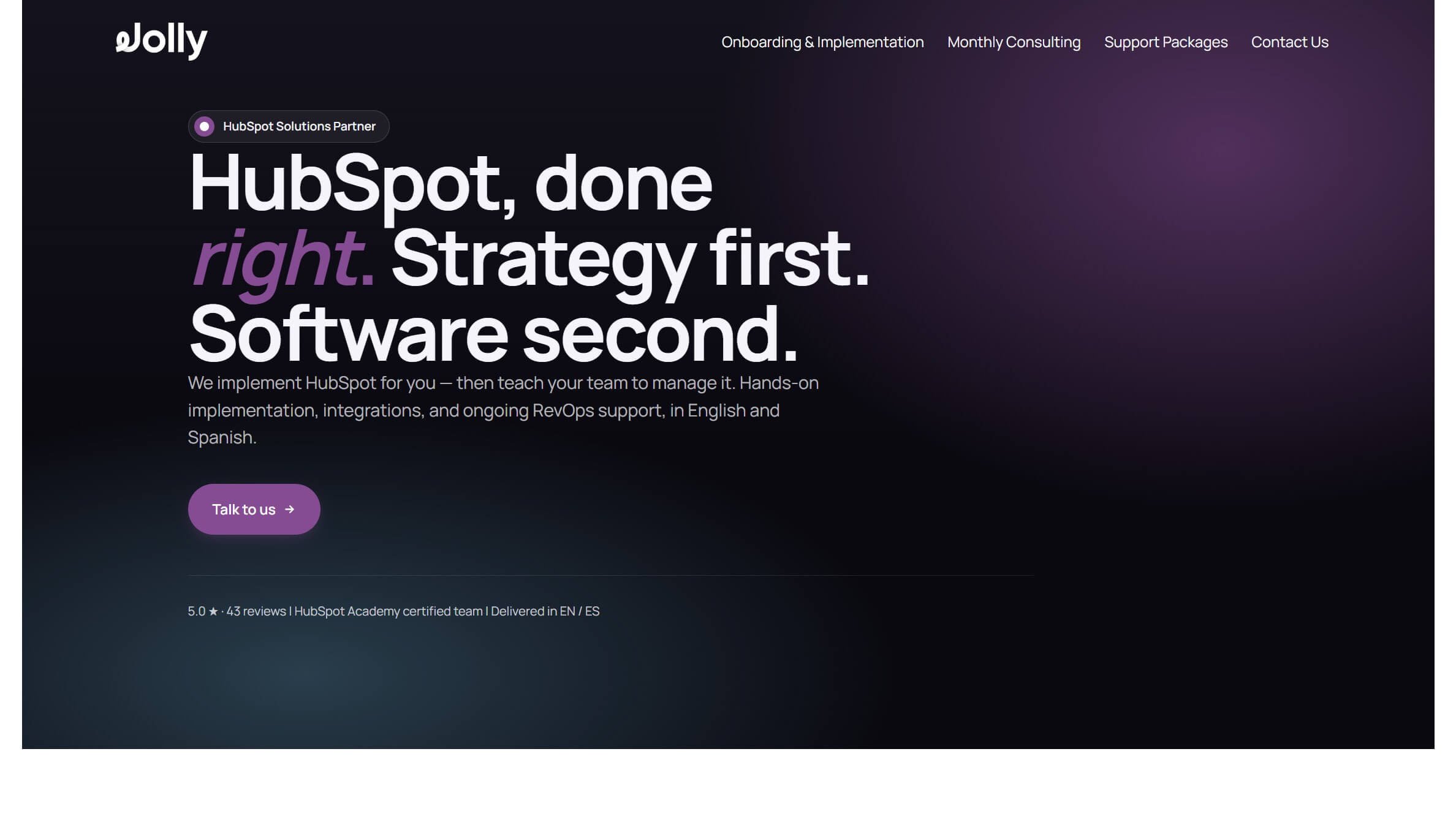 Screenshot of the Jolly Inbound homepage with the headline 'HubSpot, done right. Strategy first. Software second.' — bilingual HubSpot Solutions Partner