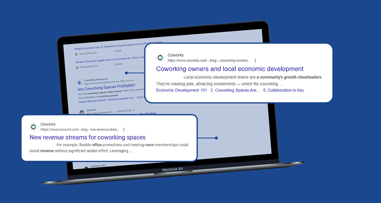 Google search results on a laptop screen showing Coworks blog posts ranking for coworking industry keywords, including articles on coworking owners and local economic development and new revenue streams for coworking spaces — demonstrating improved organic search visibility through AI-optimized content strategy.