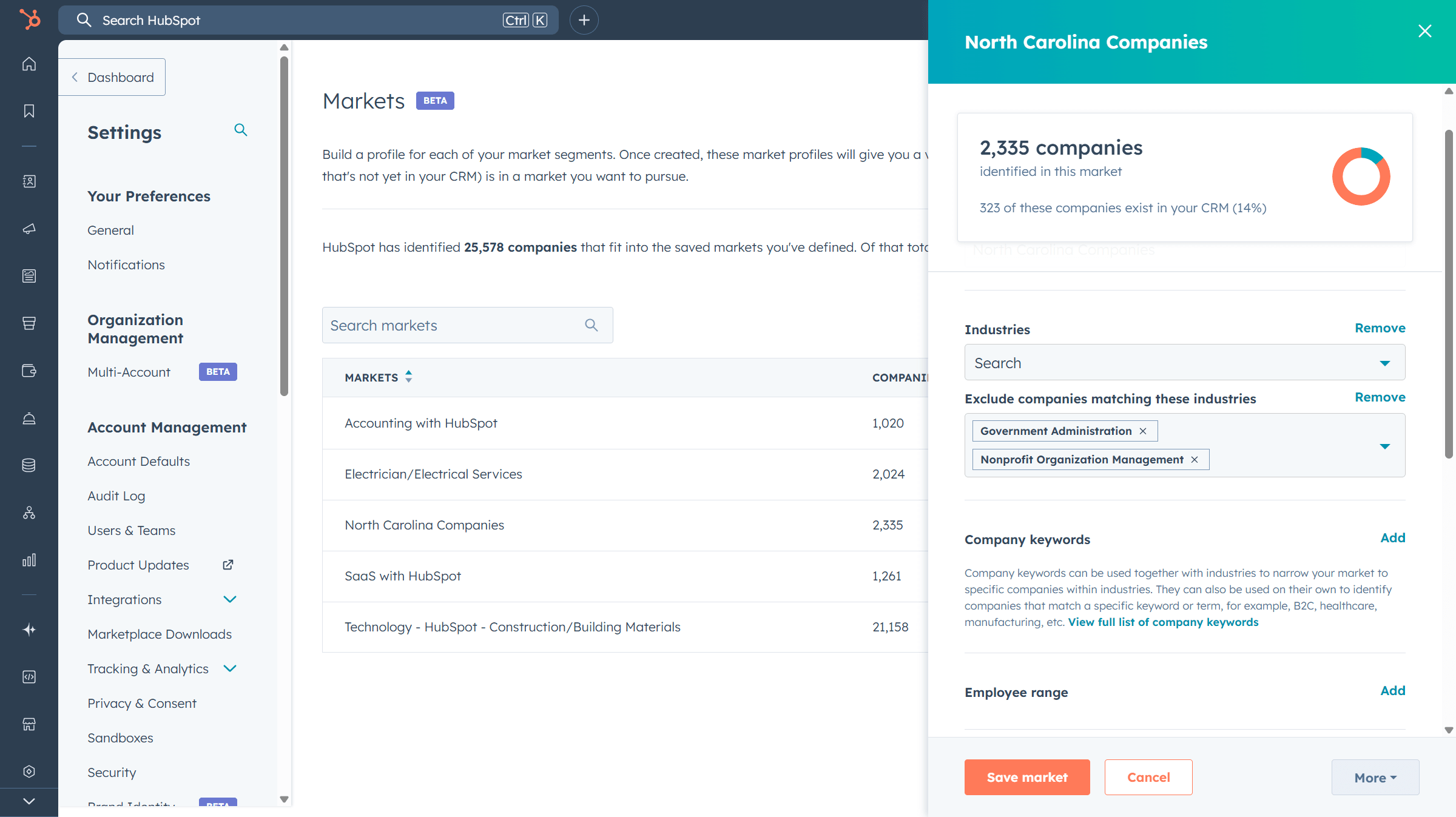Screenshot of HubSpot Buyer Intent Markets configuration showing how to segment companies by industry, keywords, and employee range. Example market “North Carolina Companies” highlights advanced B2B lead filtering and CRM integration.