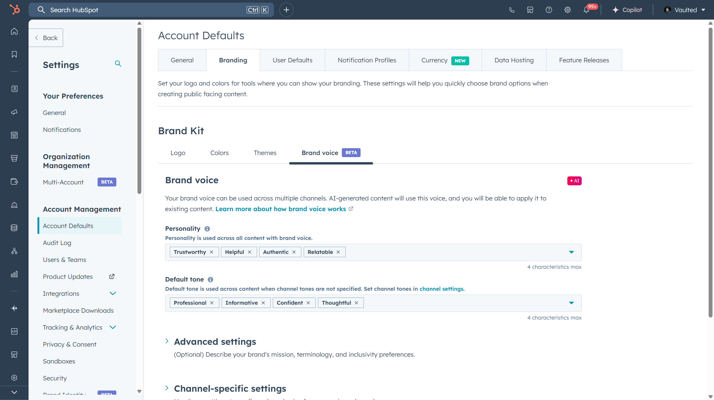 Screenshot of HubSpot’s Brand Voice settings panel, showing how personality and tone traits guide an AI Customer Agent’s language.