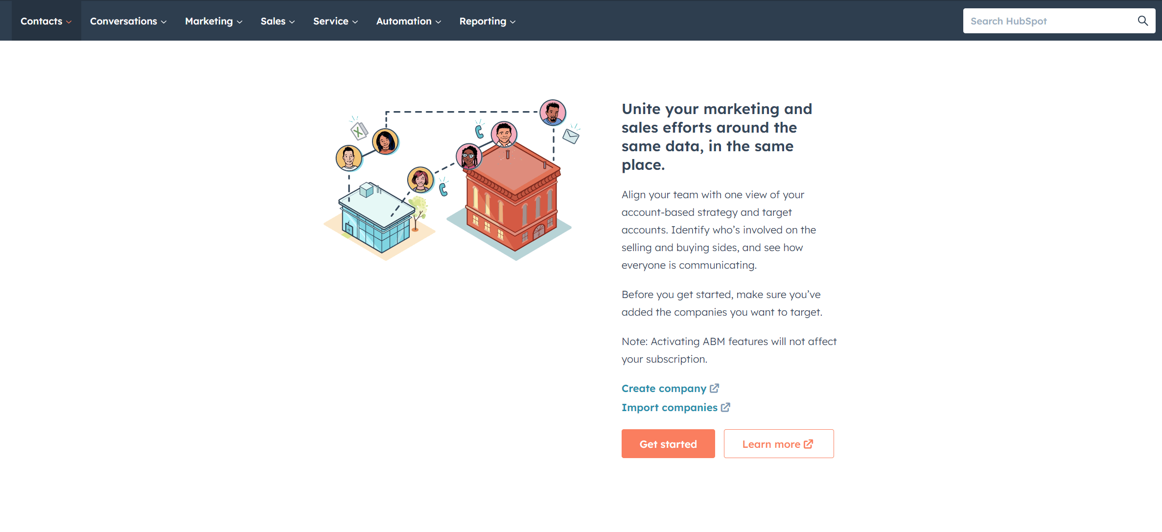 HubSpot's Target Account setup screen highlighting tools for unifying marketing and sales data for strategic account-based management.