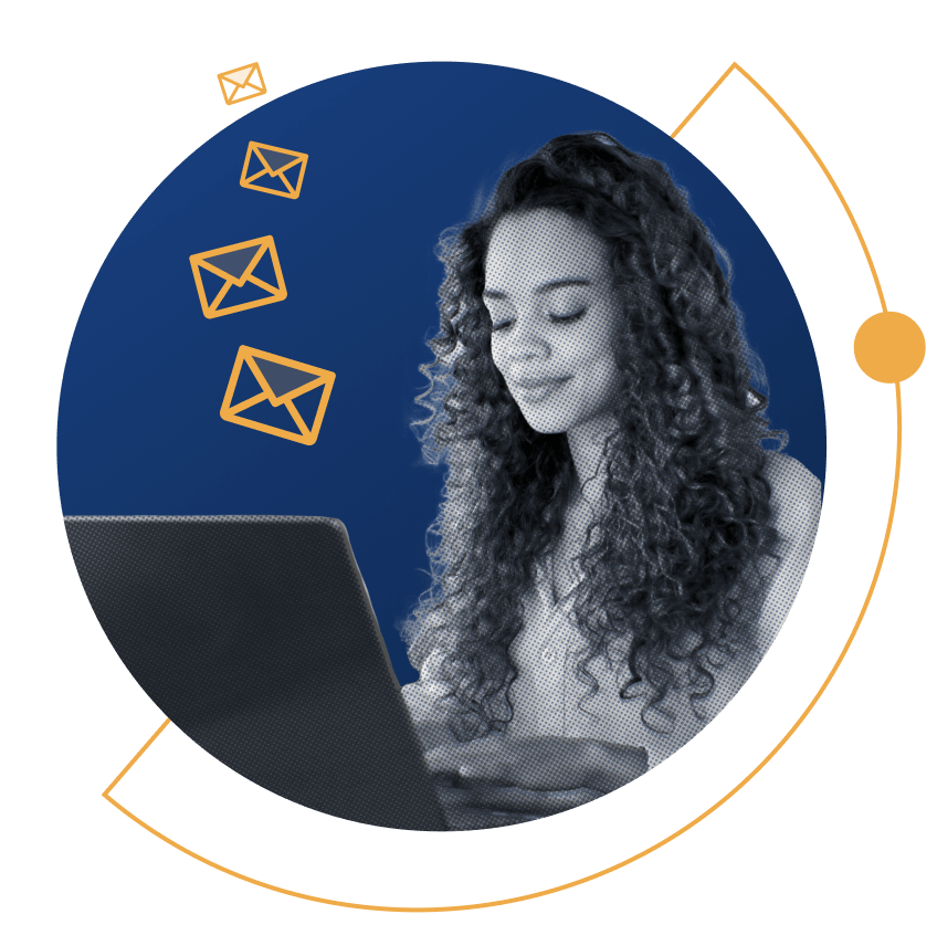 "Illustration of woman using laptop with email icons for HubSpot email marketing and AI SEO campaign.