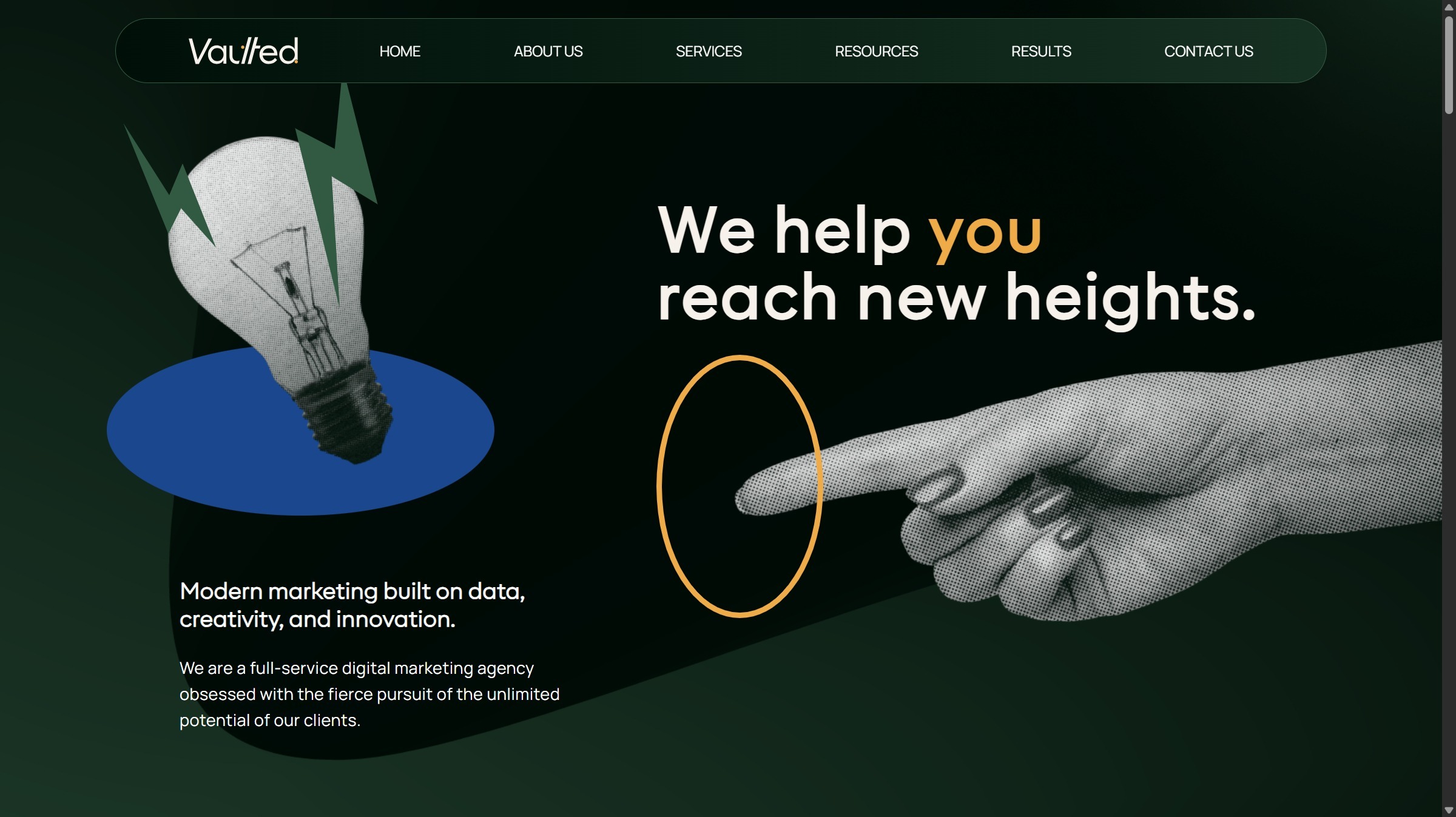 Screenshot of the Vaulted homepage with the headline 'We help you reach new heights' — Raleigh-based HubSpot Solutions Partner and full-service digital marketing agency
