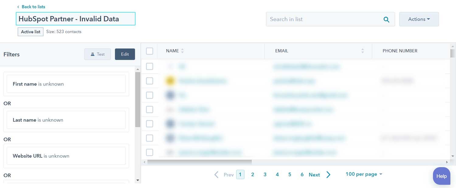 Screenshot of an active list in HubSpot with various conditions set. The image shows the list management interface, with multiple criteria specified for the list members. It illustrates the complexity and customization capabilities of HubSpot's active list feature, enabling users to segment contacts based on specific conditions.