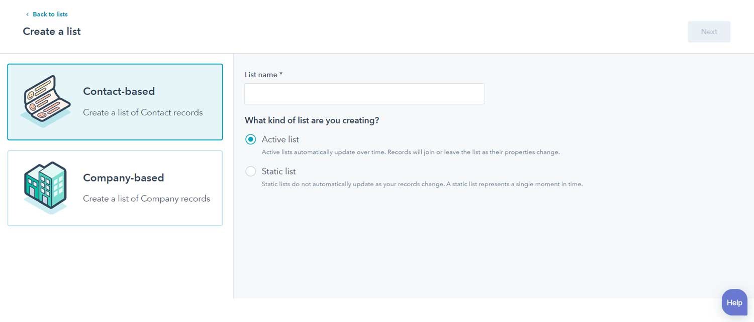 Screenshot of HubSpot's 'Create a list' screen, displaying options to select either an 'active' or 'static' list. The image highlights the user interface where one can choose the type of list, indicating the flexibility and customization options available in HubSpot's list creation process.