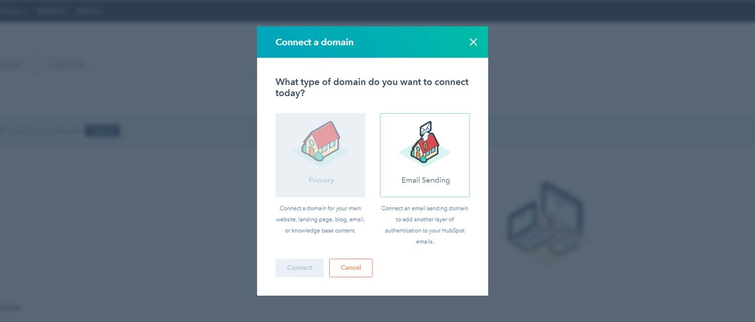 Hubspot divides up how you use your domain between a “Primary” domain and your “Email Sending” domain.
