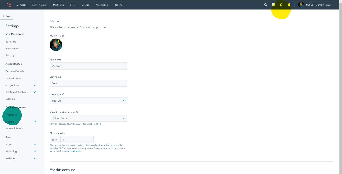 The cog wheels is the go-to for accessing the deeper settings of Hubspot.